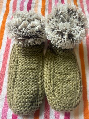 Anthropologie Olive Green Knit Slippers with Faux Fur Pom Cuffs